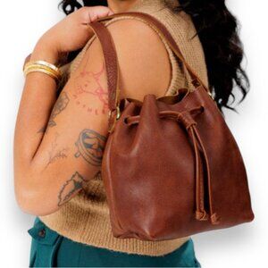 Portland Leather Goods Pebbled Small Bucket Bag in Nutmeg Brown